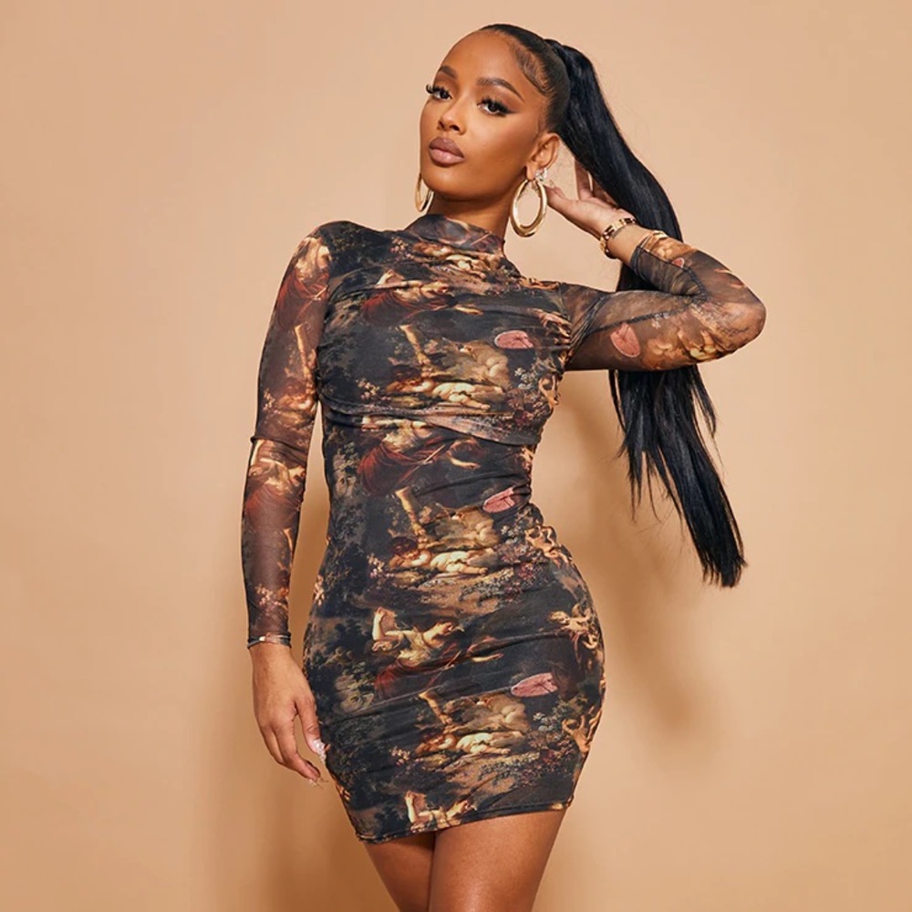 PRETTY LITTLE THING Renaissance Print High Neck Bodycon Dress